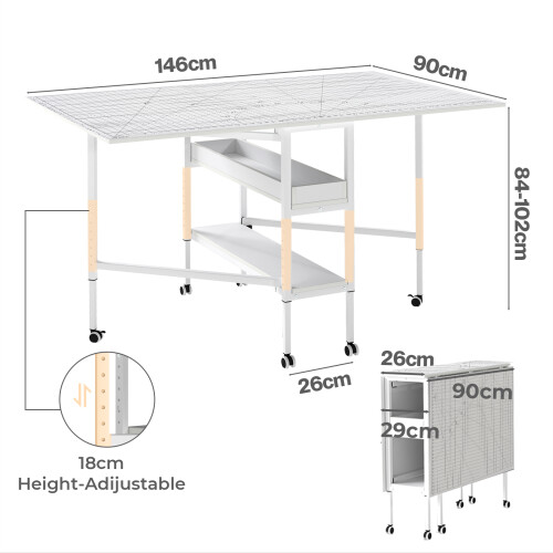 Levede Sewing Table Foldable Craft With Grid Adjustable Height Storage Black 1