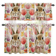 Easter Rabbit Kitchen Curtains Set Watercolor Bunny Red