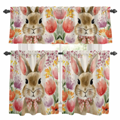 Easter Rabbit Kitchen Curtains Set Watercolor Bunny Red