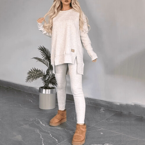Women's 2-Piece Set Crew Neck Top and Slim Pants White S