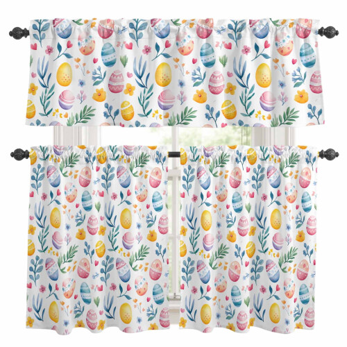 Easter Kitchen Curtains Set Yellow Pink Blue Egg Flower