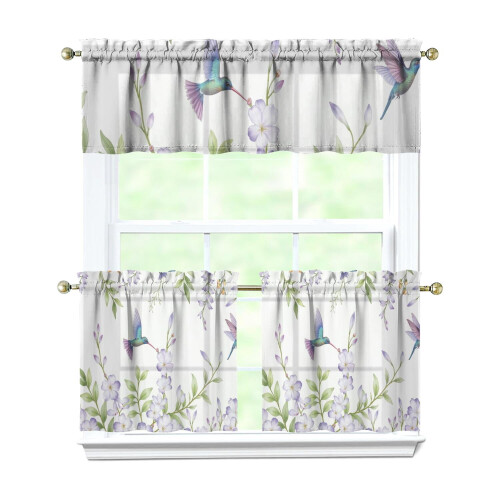 Purple Flower Bird Kitchen Curtains Set 3-Piece