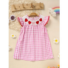 Girls Heart Dress Pink Plaid Embroidered Smocked Ruffle