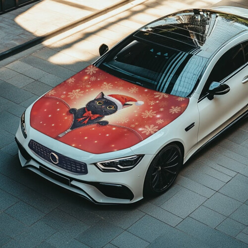 Black Cat Car Hood Cover Polyester Stretchable 1