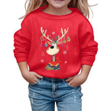 Kids Santa Pullover with Reindeer Print Round Neck Long