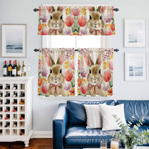 Easter Rabbit Kitchen Curtains Set Watercolor Bunny Red 1