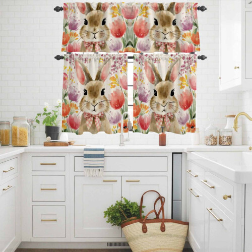 Easter Rabbit Kitchen Curtains Set Watercolor Bunny Red 2