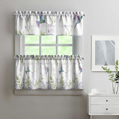 Purple Flower Bird Kitchen Curtains Set 3-Piece 1