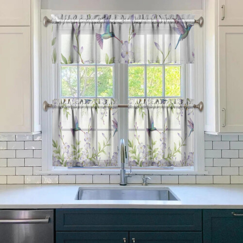 Purple Flower Bird Kitchen Curtains Set 3-Piece 2