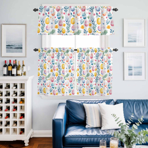 Easter Kitchen Curtains Set Yellow Pink Blue Egg Flower 1