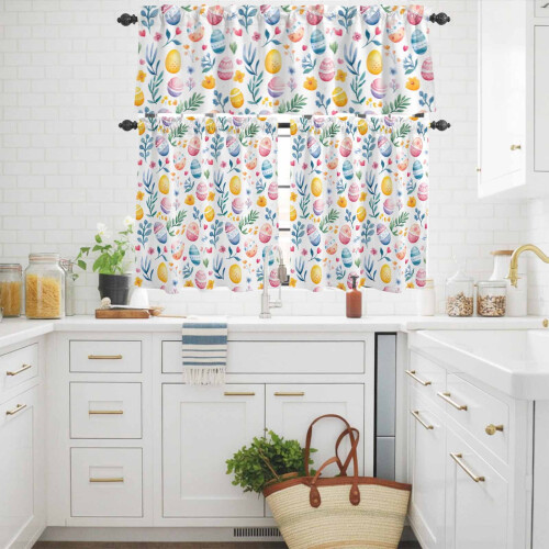 Easter Kitchen Curtains Set Yellow Pink Blue Egg Flower 2