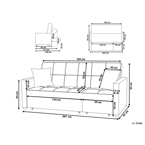 Beliani Sofa Bed 3 Seater GLOMMA Fabric Black 2