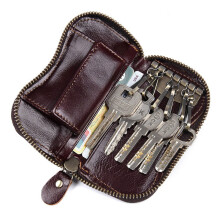 Genuine Leather Key Bag with Zipper 6 Hooks 2 Card Slots