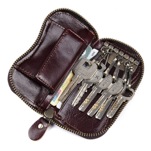 Genuine Leather Key Bag with Zipper 6 Hooks 2 Card Slots