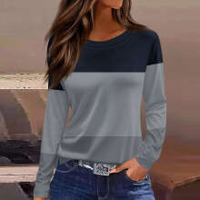 Women's Long Sleeve Crew Neck Top Gray Color Block Stretchy