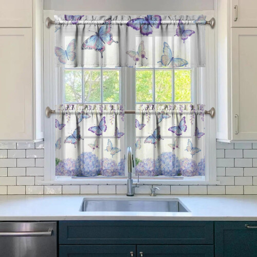 Kitchen Curtains Set with Valance Butterflies Purple 2