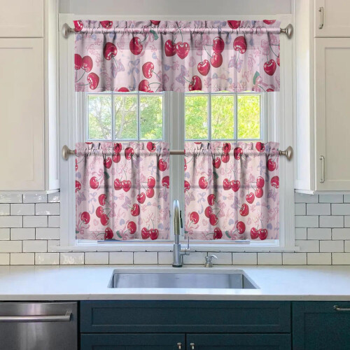 Cherry Kitchen Curtains Set with Valance 3-Piece Rod Pocket 2