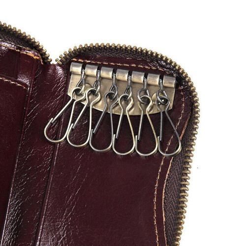 Genuine Leather Key Bag with Zipper 6 Hooks 2 Card Slots 2