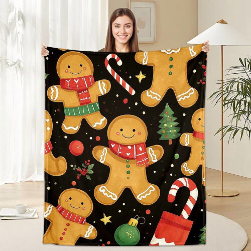 Christmas Flannel Blanket Pink Gingerbread Tree Design
