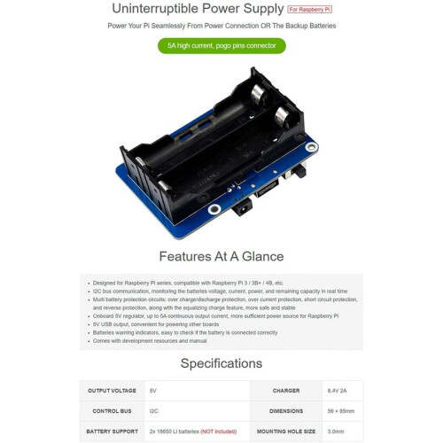 Waveshare 5V Uninterruptible Power Supply UPS Module HAT Kit for RPI Raspberry Pi 3 3B  4 Model B 4B EU Plug 2