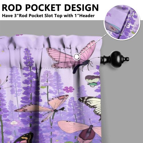 Purple Lavender Butterfly Kitchen Curtains 3-Piece Set with 1