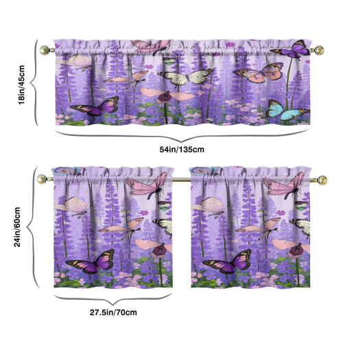Purple Lavender Butterfly Kitchen Curtains 3-Piece Set with 2