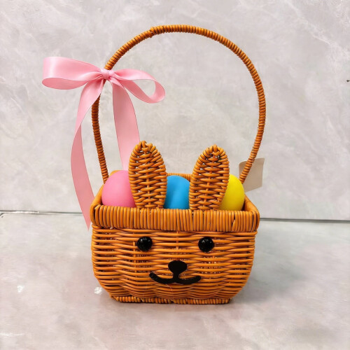 Easter bunny rattan basket with pink bow and 3 eggs 1