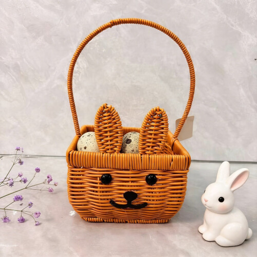 Easter bunny rattan basket with pink bow and 3 eggs 2