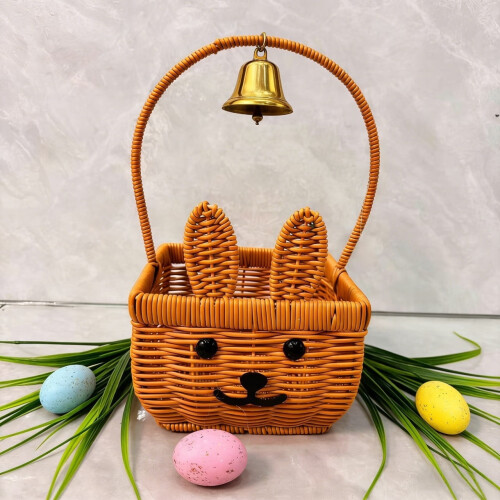 Easter bunny rattan basket with pink bow and 3 eggs
