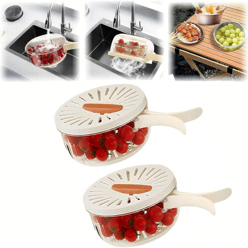 Kitchen draining and storage basket with foldable handle