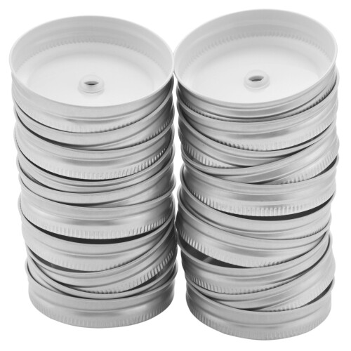 20 Peças de Tampas de Pote de Boca Regular de Metal com Furo de Canudo Compatíveis com Pote (Prata, 2,7 Polegadas)