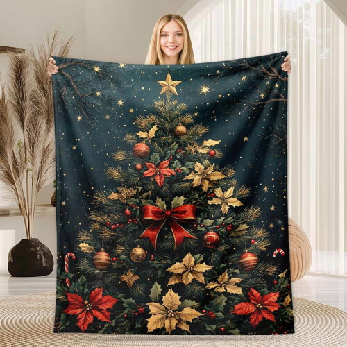 Christmas Flannel Blanket Pink Gingerbread Tree Design