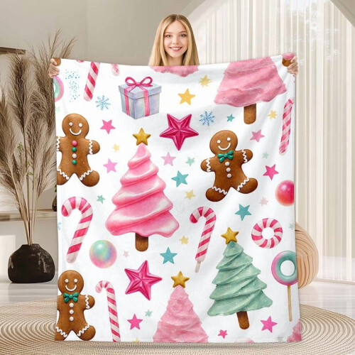Christmas Flannel Blanket Pink Gingerbread Tree Design 2