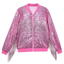 Girls Sequin Zip-Up Jacket Pink Long Sleeve Kids Outerwear