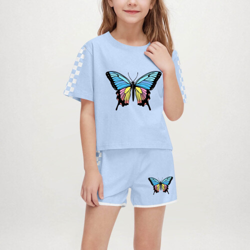 Butterfly Checkered Sleeve Outfit Set Sky Blue 2-Piece for
