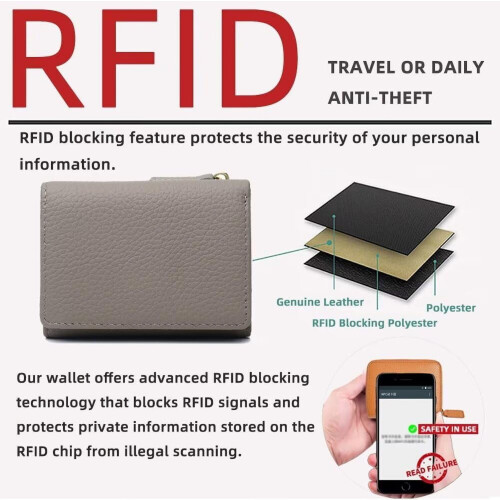 Women's Genuine Leather RFID Wallet Tri-Fold with Zipper 2
