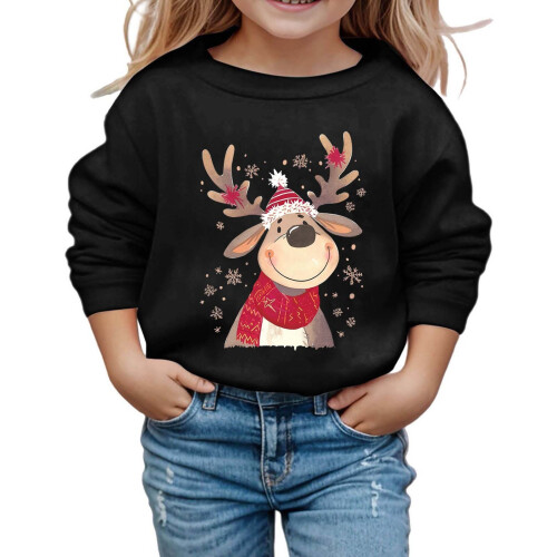 Kids Christmas Pullover Reindeer Print Round Neck Long