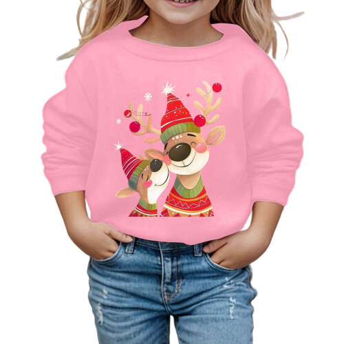 Kids Santa Pullover with Reindeer Print Round Neck Long