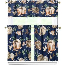 Kitchen Curtains Autumn Leaves Pumpkin Blue 3-Piece Set