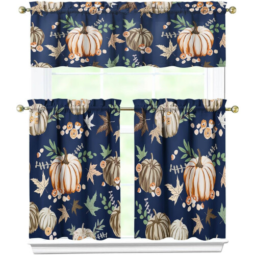 Kitchen Curtains Autumn Leaves Pumpkin Blue 3-Piece Set