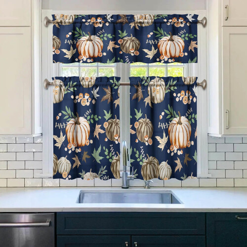 Kitchen Curtains Autumn Leaves Pumpkin Blue 3-Piece Set 1