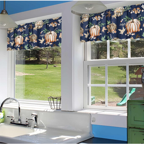 Kitchen Curtains Autumn Leaves Pumpkin Blue 3-Piece Set 2