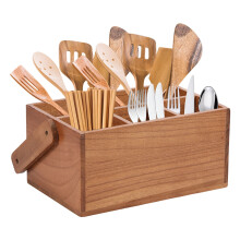Wood Utensil Caddy with Handle 4-Compartment Organizer