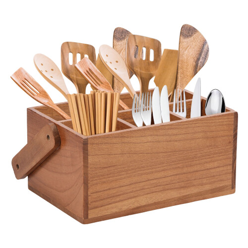 Wood Utensil Caddy with Handle 4-Compartment Organizer