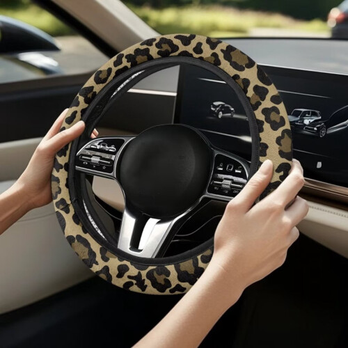 Leopard Print Steering Wheel Cover Winter Fluffy Elastic 1