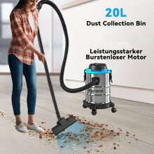 20L Wet and Dry Vacuum Cleaner, Stainless Steel Barrel Cylinder Vacuum