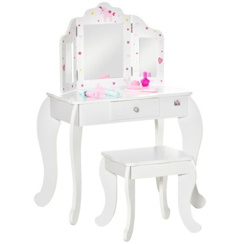 Kids Vanity Table and Chair Set ,Mirror and Stool