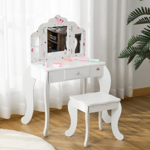 Kids Vanity Table and Chair Set ,Mirror and Stool 2