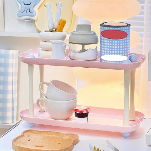 Plastic Tray Shelf Storage Rack 2-Tier Pink