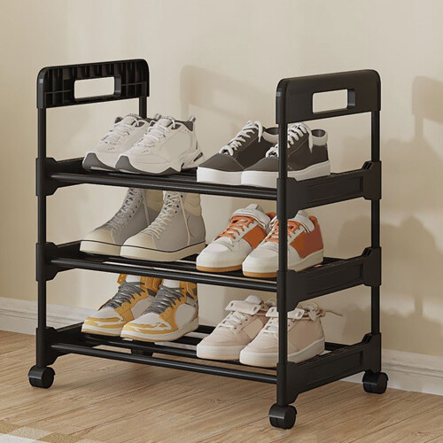 3-Tier Stackable Shoe Rack with Wheels Black Holds 6 Pairs 1